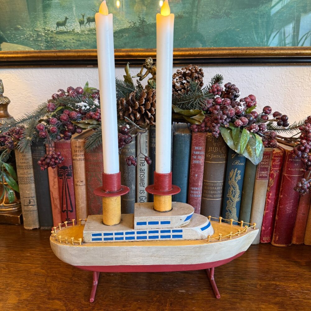 Unique Hand carved Wooden Ship Candle Holder 12.5" Long - Picture 11 of 17